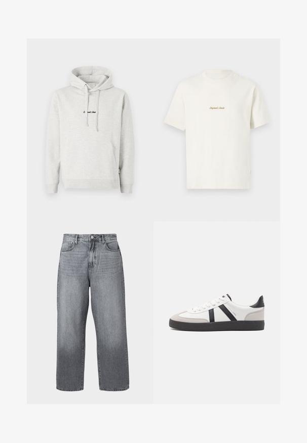 Hellgrauer Hoodie mit Kängurutasche, Kapuze mit Kordelzug und schwarzen gestickten Text auf der Vorderseite. Mischgewebe aus Baumwolle, gerippte Bündchen.; Cremefarbens Baumwoll-T-Shirt mit kurzen Ärmeln, Rundhalsausschnitt und gesticktem "Original Studio"-Logo in Gold auf der Brust. Weiche Textur.; Graue Denim-Jeans im weiten Schnitt mit hoher Taille, Fünf-Taschen-Design und Metallverschluss. Der Stoff zeigt leichte Ausbleichungen nahe dem Saum.; Weiße Sneaker mit schwarz- und grau-aczenten, ausgestattet mit einer strukturierten grauen Zehenkappe, schwarzer Gummi-Sohle und flachen weißen Schnürsenkeln. Sauberes Design, minimalistische Stil.