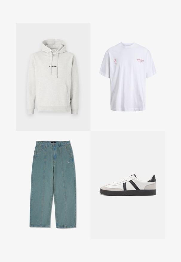 Lysegrå hættejakke med kengurulomme, snoretræk i hætten og broderet tekst i sort på fronten. Stoffet er en bomuldsblanding, ribbede manchetter.; Hvid bomulds T-shirt med korte ærmer, der har rød tekst på fronten og venstre ærme. Casual, afslappet pasform med rund halsudskæring.; Lysblå, ikke-slidte denimbukser med lige ben, der har forlommer og en diskret broderet logo nær taljen.; Hvide sneakers med sorte og grå detaljer, med en tekstureret grå tåhætte, sort gummisål og flade hvide snørebånd. Rent design, minimalistisk stil.