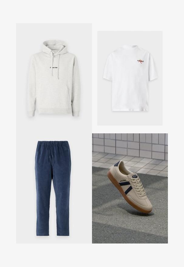 Hoodie gris clair avec une poche kangourou, capuche avec cordon de serrage et texte brodé en noir sur le devant. Tissu en mélange de coton, poignets côtelés.; T-shirt blanc à manches courtes avec un petit logo "PICANTE" et un motif de piment rouge sur la partie supérieure gauche de la poitrine.; Pantalons bleu marine avec une texture douce, une taille élastique et une coupe droite. Sans poches. Le tissu semble légèrement brossé.; Baskets beiges avec une finition texturée, bandes navy et semelle en caoutchouc. Équipées d'une languette rembourrée et d'un système de laçage traditionnel pour un maintien sécurisé.