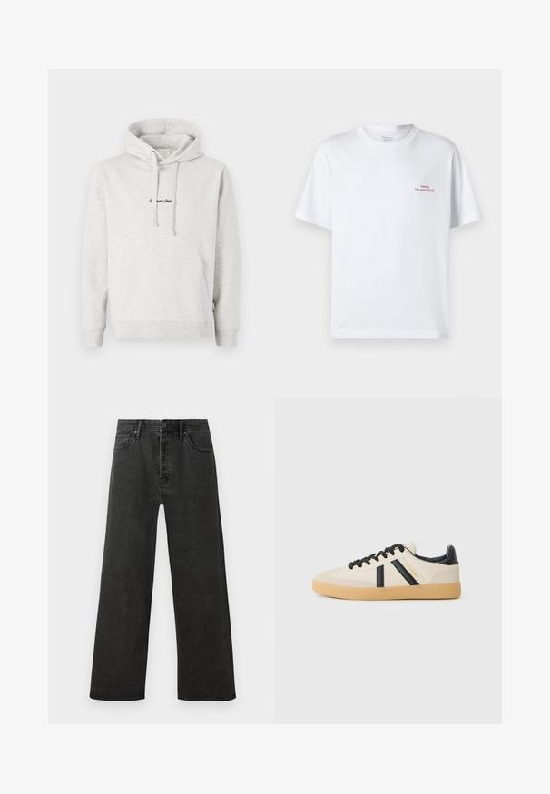 Lysegrå hættejakke med kengurulomme, snoretræk i hætten og broderet tekst i sort på fronten. Stoffet er en bomuldsblanding, ribbede manchetter.; Hvid bomuld T-shirt med korte ærmer, rund hals, der har små røde grafiske tekster på øverste venstre side. Blød tekstur og afslappet pasform.; Sorte højtaljede lige ben jeans i denim med frontknap, lynlås og fem lomme-design på en hvid baggrund.; Casual sneakers i creme med sorte striber, med en tekstureret overdel og sål i gummigummi. Snørebåndene er sorte. Diskret logo på siden.