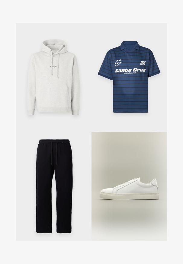Lysegrå hættejakke med kengurulomme, snoretræk i hætten og broderet tekst i sort på fronten. Stoffet er en bomuldsblanding, ribbede manchetter.; Blåstribet polo skjorte lavet af glat stof. Har en krave, logo med "Santa Cruz" og året "1990" i hvid på forsiden.; Sorte sweatpants lavet af bomuld, med elastisk talje og snore, lige ben design, og uden synlige mønstre eller detaljer.; Hvid lavtop sneaker med snørebånd foran og tyk sål, vist fra siden mod en neutral baggrund.