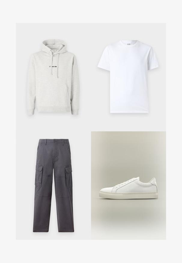 Lysegrå hættejakke med kengurulomme, snoretræk i hætten og broderet tekst i sort på fronten. Stoffet er en bomuldsblanding, ribbede manchetter.; Hvid bomulds t-shirt med rund halsudskæring og korte ærmer. Enkel design uden mønstre eller grafik, med GAP branding på kraven.; Hollister Co. SKATER BAGGY - Cargobukser - grey; Hvid lavtop sneaker med snørebånd foran og tyk sål, vist fra siden mod en neutral baggrund.