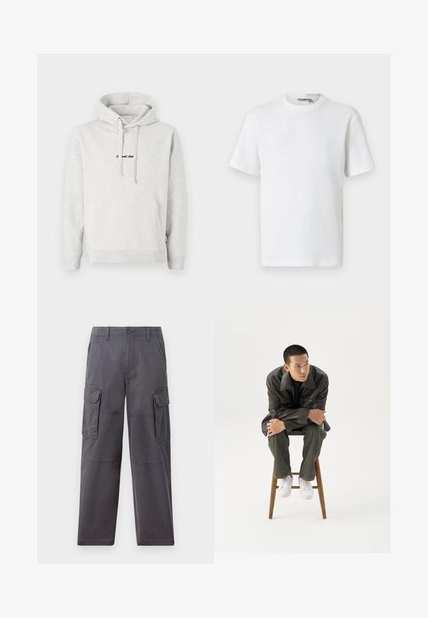 Heledast hall sweatshirt, millel on kängurupocket, kõikuma cape ja musta värvi tikandiga tekst ees. Puuvillase segu kangas, ribaga soonikuid.; Valge lühikeste varrukatega vahvlilõngast ümarakaelusega t-särk, mille krae siseküljel on väike brändi sildike, esitatud ühevärvsel taustal.; Hollister Co. SKATER BAGGY - Kargopüksid - grey; Noor mees tumedas nahktakšis ja teksades istub puidust pingil, kaldub ette, käed rüpes, vaatab valgel taustal küljele.