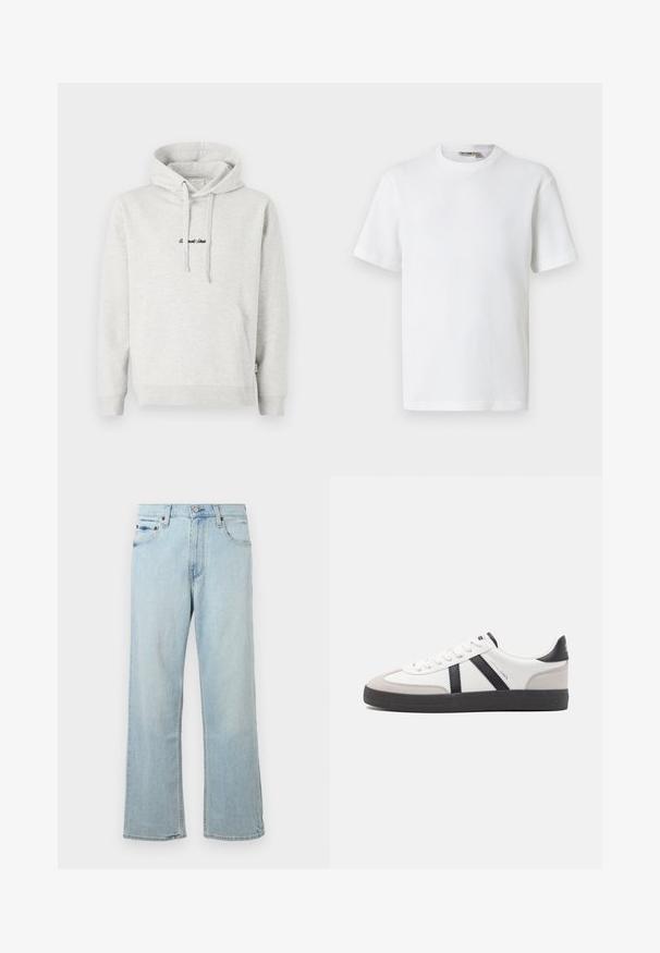Sudadera gris claro con un bolsillo tipo canguro, capucha con cordón y texto bordado en negro en la parte delantera. Tejido de mezcla de algodón, puños acanalados.; Camiseta blanca de manga corta con cuello redondo y tejido de waffle, con una pequeña etiqueta de la marca en el interior del cuello, mostrada sobre un fondo liso.; Vaqueros de mezclilla azul claro con un diseño holgado y de pierna ancha. Cuenta con cinco bolsillos, presillas para cinturón y un cierre de cremallera con botón.; Zapatilla blanca con acentos en negro y gris, que presenta una puntera texturizada en gris, suela de goma negra y cordones planos blancos. Diseño limpio, estilo minimalista.