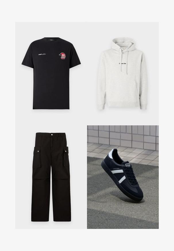 Sudadera gris claro con un bolsillo tipo canguro, capucha con cordón y texto bordado en negro en la parte delantera. Tejido de mezcla de algodón, puños acanalados.; Replay SHORT SLEEVE GRAPHIC - Camiseta estampada - black; Pantalones cargo negros de tela suave, con una cinturilla elástica, bolsillos laterales con solapas y un diseño holgado de pierna recta.; Zapatilla de cuero negra con rayas blancas, suela de goma texturizada y parte frontal con cordones. Cuenta con una etiqueta de marca en la lengüeta.