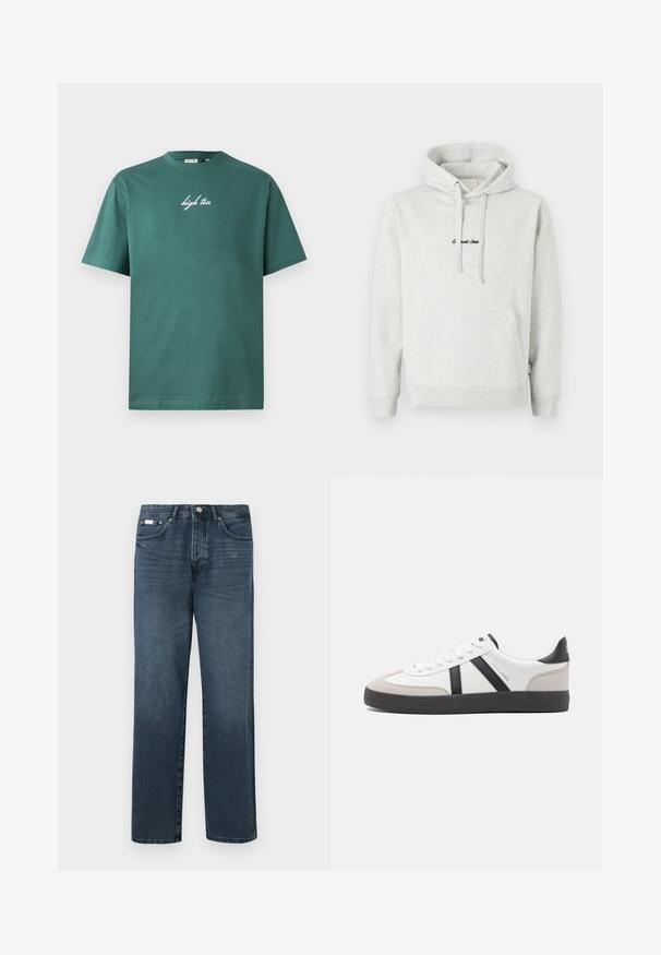 Sudadera gris claro con un bolsillo tipo canguro, capucha con cordón y texto bordado en negro en la parte delantera. Tejido de mezcla de algodón, puños acanalados.; Camiseta de algodón verde con escote redondo y mangas cortas. Presenta texto en cursiva blanca "high tea" en la parte frontal. Diseño sencillo, sin patrones.; Vaqueros de mezclilla azul oscuro con corte recto, cinco bolsillos, trabillas para cinturón y cierre de cremallera. Textura suave con sutiles detalles de desgaste.; Zapatilla blanca con acentos en negro y gris, que presenta una puntera texturizada en gris, suela de goma negra y cordones planos blancos. Diseño limpio, estilo minimalista.