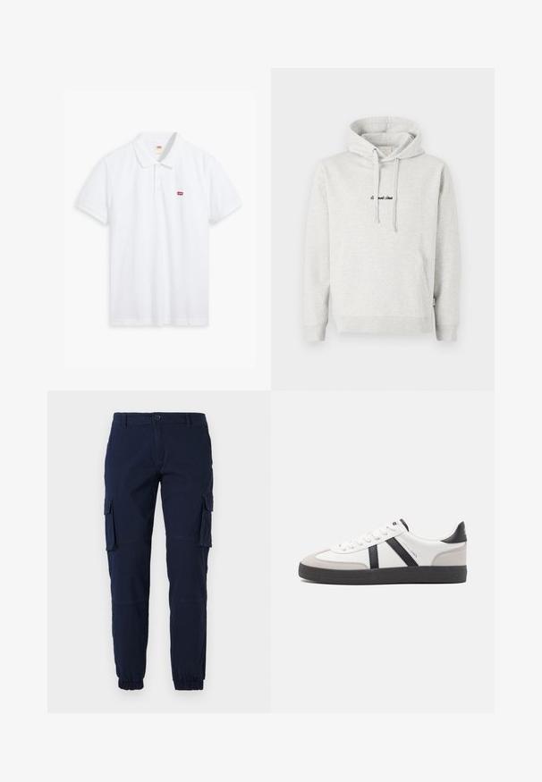 Sudadera gris claro con un bolsillo tipo canguro, capucha con cordón y texto bordado en negro en la parte delantera. Tejido de mezcla de algodón, puños acanalados.; Polo blanco hecho de algodón. Presenta una tapeta de tres botones, mangas cortas y un pequeño logo rojo de Levi's en el lado izquierdo del pecho.; Pantalones cargo color navy con puños elásticos, múltiples bolsillos laterales y cremallera en la bragueta. Fabricados con un tejido duradero y de textura suave.; Zapatilla blanca con acentos en negro y gris, que presenta una puntera texturizada en gris, suela de goma negra y cordones planos blancos. Diseño limpio, estilo minimalista.