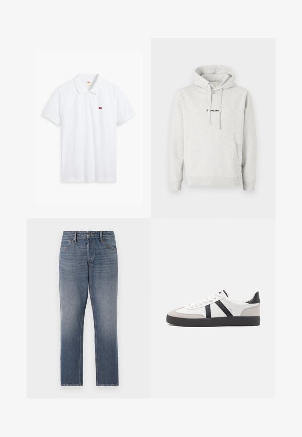 Hellgrauer Hoodie mit Kängurutasche, Kapuze mit Kordelzug und schwarzen gestickten Text auf der Vorderseite. Mischgewebe aus Baumwolle, gerippte Bündchen.; Weißes Poloshirt aus Baumwolle. Verfügt über eine Knopfleiste mit drei Knöpfen, kurze Ärmel und ein kleines rotes Levi's-Logo auf der linken Brust.; Dunkelblaue Jeans aus Denim, mit geradem Bein, versehen mit einer ausgeblichenen Waschung, fünf Taschen und kupferfarbener Hardware. Sauberer, klassischer Look.; Weiße Sneaker mit schwarz- und grau-aczenten, ausgestattet mit einer strukturierten grauen Zehenkappe, schwarzer Gummi-Sohle und flachen weißen Schnürsenkeln. Sauberes Design, minimalistische Stil.