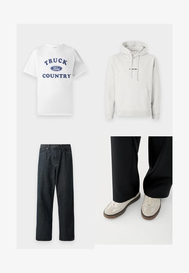 Lysegrå hættejakke med kengurulomme, snoretræk i hætten og broderet tekst i sort på fronten. Stoffet er en bomuldsblanding, ribbede manchetter.; Hvid bomulds t-shirt med blå trykt tekst "TRUCK COUNTRY" og et blåt ovalt "Ford"-logo i midten. Korte ærmer og rund hals.; Mørk denimjeans med lige bendesign, der har en traditionel fem-lommeopbygning og en metalknaplukning i taljen.; Fødder iført beige sneakers med brune såler og sorte bukser med vide ben på hvid baggrund.