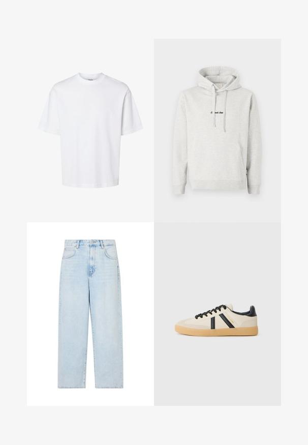 Lysegrå hættejakke med kengurulomme, snoretræk i hætten og broderet tekst i sort på fronten. Stoffet er en bomuldsblanding, ribbede manchetter.; Enkelt hvid t-shirt med korte ærmer og rund hals med afslappet pasform, vist på en ensfarvet baggrund.; Lysblå denim jeans med bred benvidde og høj talje, fem lommer og knaplukning. Glat tekstur med en falmet vaskefinish.; Casual sneakers i creme med sorte striber, med en tekstureret overdel og sål i gummigummi. Snørebåndene er sorte. Diskret logo på siden.