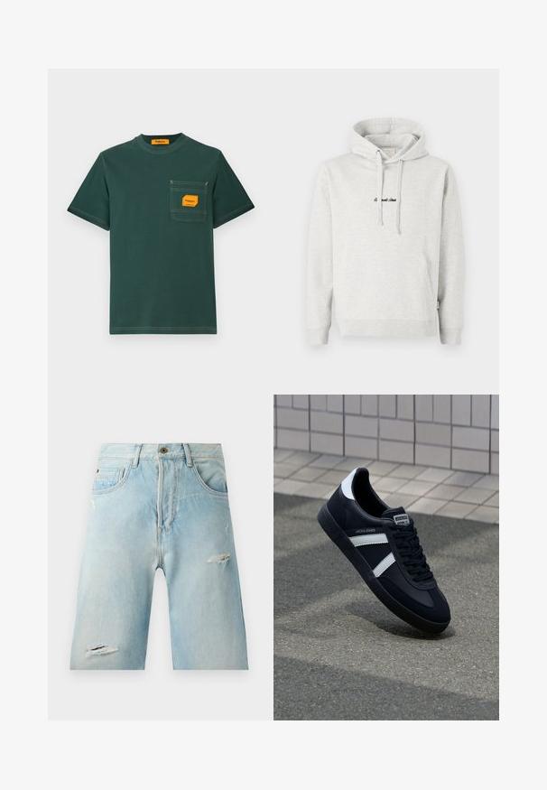 Lysegrå hættejakke med kengurulomme, snoretræk i hætten og broderet tekst i sort på fronten. Stoffet er en bomuldsblanding, ribbede manchetter.; Grøn bomuld t-shirt med rund hals, korte ærmer og en forlomma med en orange etiket. Kontrastsyning er synlig.; Lysblå denimshorts med en afslappet pasform, der har slidte detaljer, sidelommer og en enkelt knaplukning øverst.; Sort lædersneaker med hvide striber, tekstureret gummisål og snørrebånd foran. Har et brandet mærke på tungen.