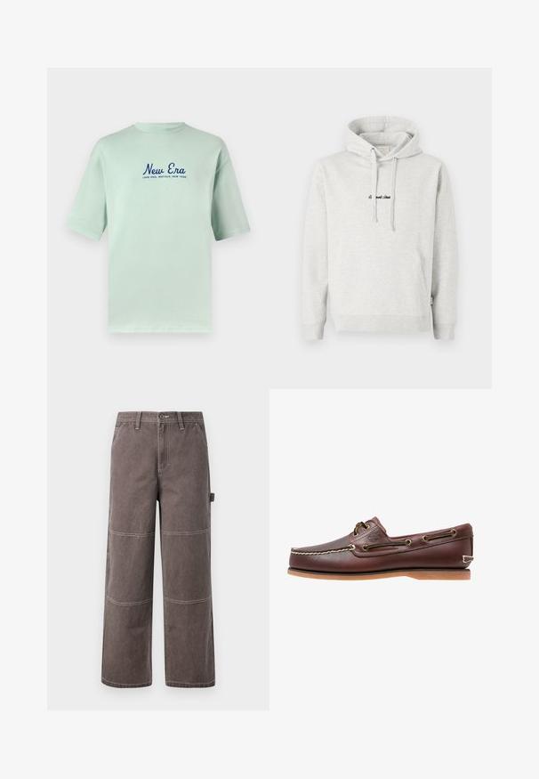 Lichtgrijze hoodie met een kangoeroezak, een capuchon met trekkoord en geborduurde tekst in het zwart aan de voorkant. Gemaakt van een katoenblend, met ribgebreide manchetten.; Mintgroene katoenen t-shirt met korte mouwen, met bovenaan de navyblauwe tekst "New Era" en daaronder de tekst "Lake Erie, Buffalo, New York" gedrukt.; Wijd been broek in een vervaagde bruine kleur, gemaakt van duurzaam materiaal met contrasterende stiksels. Kenmerkt paneeldetails en een zijzak.; Bruine leren bootschoen met witte stiksels, veterdetails en beige rubberen zool, zijaanzicht op een witte achtergrond.