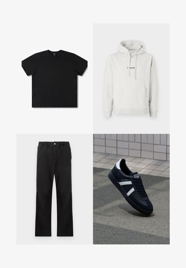 Sudadera gris claro con un bolsillo tipo canguro, capucha con cordón y texto bordado en negro en la parte delantera. Tejido de mezcla de algodón, puños acanalados.; Camiseta negra de manga corta hecha de algodón con cuello redondo, con un logo sutil en el centro y un diseño de corte relajado.; Pantalones negros de algodón con una cintura elástica, que cuentan con un diseño de pierna recta, textura suave y sin acentos ni patrones visibles.; Zapatilla de cuero negra con rayas blancas, suela de goma texturizada y parte frontal con cordones. Cuenta con una etiqueta de marca en la lengüeta.