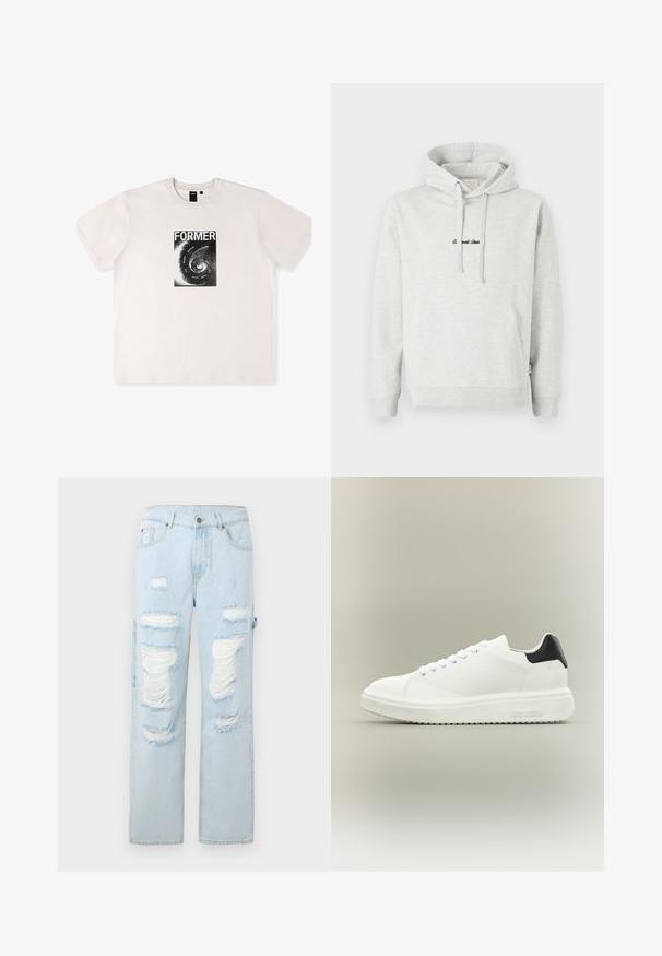 Lichtgrijze hoodie met een kangoeroezak, een capuchon met trekkoord en geborduurde tekst in het zwart aan de voorkant. Gemaakt van een katoenblend, met ribgebreide manchetten.; Wit katoenen t-shirt met korte mouwen, voorzien van een zwart grafisch ontwerp met het woord "FORMER" en een spiraalpatroon aan de voorkant.; Lichtblauwe spijkerbroek met meerdere grote versleten scheuren en rafels op de voorkant van de dijen en knieën, rechte pijpen.; Witte lage sneaker met dikke zool, veters aan de voorkant en een zwart hielstuk, gebrandmerkt met "Steve Madden" op de zijkant van de zool.