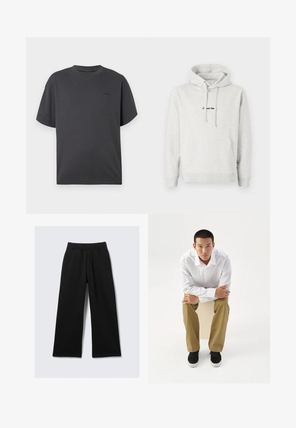 Lichtgrijze hoodie met een kangoeroezak, een capuchon met trekkoord en geborduurde tekst in het zwart aan de voorkant. Gemaakt van een katoenblend, met ribgebreide manchetten.; Donkergrijze, kortere mouw, crew neck t-shirt met een subtiele kleine logo op de linkerkant van de borst, weergegeven op een witte achtergrond.; Zwarte wijde broek met elastische tailleband, twee zijzakken en een gladde textuur. Ontworpen voor comfort en bewegingsvrijheid.; Jonge man in wit gestreept overhemd en kaki broek, voorover zittend op een kruk met gekruiste armen, kijkt recht vooruit op een witte achtergrond.