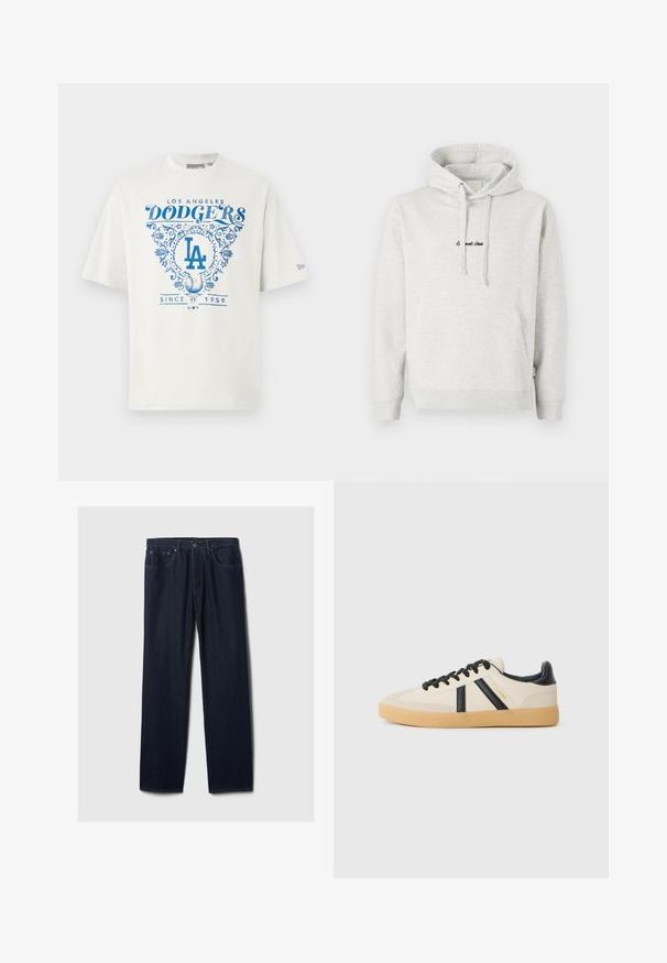 Sudadera gris claro con un bolsillo tipo canguro, capucha con cordón y texto bordado en negro en la parte delantera. Tejido de mezcla de algodón, puños acanalados.; Camiseta de algodón blanca con texto gráfico azul "LOS ANGELES DODGERS" y "SINCE 1958" con acentos florales y el logo "LA" en el centro.; Vaqueros de mezclilla de pierna recta en azul oscuro con diseño de cinco bolsillos, cierre de botón y costuras visibles sobre un fondo claro.; Zapatillas casuales en crema con rayas negras, con parte superior texturizada y suela de goma. Los cordones son negros. Logo sutil en el costado.