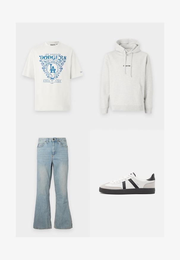 Lichtgrijze hoodie met een kangoeroezak, een capuchon met trekkoord en geborduurde tekst in het zwart aan de voorkant. Gemaakt van een katoenblend, met ribgebreide manchetten.; Witte katoenen t-shirt met blauwe grafische tekst "LOS ANGELES DODGERS" en "SINCE 1958" met bloemaccenten en het "LA"-logo in het midden.; Lichtblauwe flared jeans van denim met een medium hoge taille, vijf zakken en zichtbare stiksels. Beschikt over een gladde textuur en een standaard ritsluiting.; Witte sneaker met zwarte en grijze accenten, voorzien van een grijze neus met textuur, zwarte rubberen zool en platte witte veters. Schoon ontwerp, minimalistische stijl.