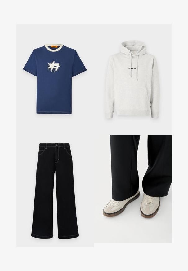 Hellgrauer Hoodie mit Kängurutasche, Kapuze mit Kordelzug und schwarzen gestickten Text auf der Vorderseite. Mischgewebe aus Baumwolle, gerippte Bündchen.; Marineblaue Baumwoll-T-Shirt mit einem kontrastierenden cremefarbenen Kragen, das ein großes weißes Logo-Design auf der Brust und den Markennamen darunter zeigt.; Schwarze weit geschnittene Jeanshose aus Denim, mit Knopfverschluss, fünf Taschen und kontrastierendem weißen Nähten entlang der Nähte.; Füße mit beigen Sneakers mit braunen Sohlen und schwarzen Hosen mit weitem Bein auf weißem Hintergrund.