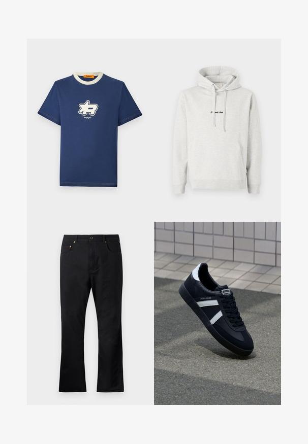 Lysegrå hættejakke med kengurulomme, snoretræk i hætten og broderet tekst i sort på fronten. Stoffet er en bomuldsblanding, ribbede manchetter.; Mørkeblå bomulds t-shirt med en kontrastfarvet cremefarvet krave, der har et stort hvidt logo på brystet med brandnavnet under.; Sorte denimbukser med lige pasform, med forlommer, knaplukning og hardware i guldtoner. Glat tekstur.; Sort lædersneaker med hvide striber, tekstureret gummisål og snørrebånd foran. Har et brandet mærke på tungen.