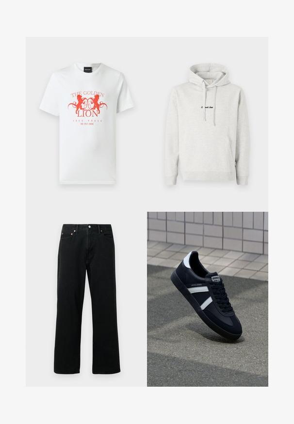 Lysegrå hættejakke med kengurulomme, snoretræk i hætten og broderet tekst i sort på fronten. Stoffet er en bomuldsblanding, ribbede manchetter.; Hvid bomulds t-shirt med et rødt grafisk print af to løver og teksten "THE GOLDEN LION FREE HOUSE" i et cirkulært design. Korte ærmer.; Sorte denimjeans med lige ben, fem-lomme design, metalnitter og knaplukning. Stoffet har en blød tekstur med minimal falming.; Sort lædersneaker med hvide striber, tekstureret gummisål og snørrebånd foran. Har et brandet mærke på tungen.