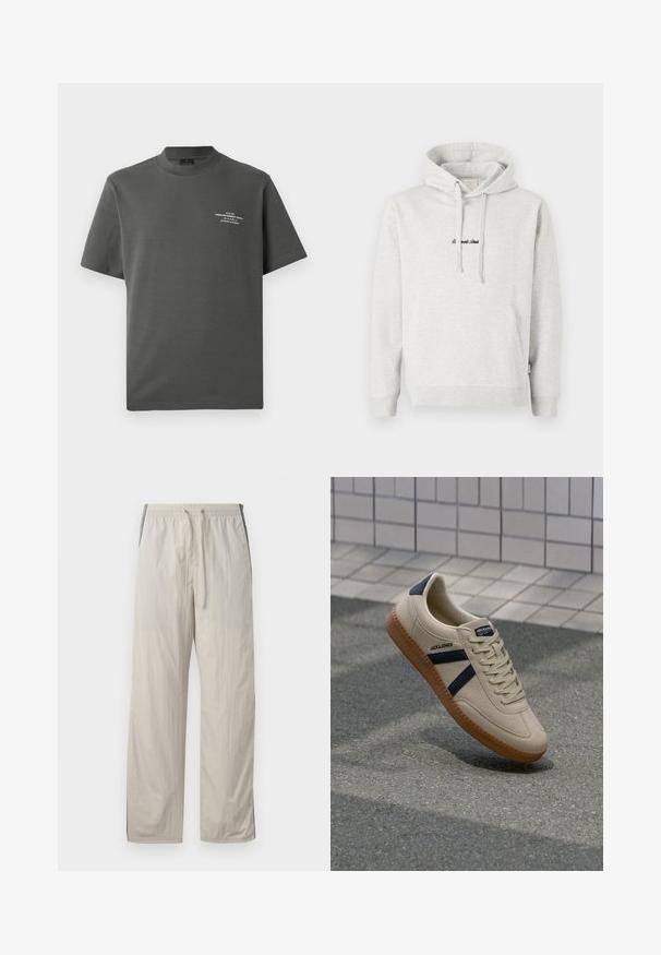 Hellgrauer Hoodie mit Kängurutasche, Kapuze mit Kordelzug und schwarzen gestickten Text auf der Vorderseite. Mischgewebe aus Baumwolle, gerippte Bündchen.; Jack & Jones PREMIUM Printed - T-Shirt print - volcanic ash; Beige, leichte Jogginghose mit Kordelzug und elastischem Bund, ausgestattet mit dunklen Seitenpaneelen und einem lockeren, geraden Bein-Design.; Beige Sneaker mit strukturierter Oberfläche, dunkelblauen Streifen und Gummisohle. Verfügt über eine gepolsterte Zunge und ein traditionelles Schnürsystem für einen sicheren Sitz.