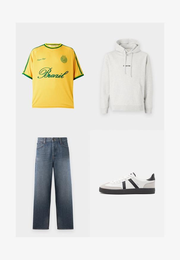 Hoodie gris clair avec une poche kangourou, capuche avec cordon de serrage et texte brodé en noir sur le devant. Tissu en mélange de coton, poignets côtelés.; Maillot de sport jaune à manches courtes avec bordure verte, inscription "Brazil" en vert, et un petit emblème circulaire avec des étoiles et du texte sur la poitrine.; Jeans en denim bleu moyen avec une coupe droite, comportant cinq poches, une fermeture par bouton et zip, et des effets de décoloration subtils.; Baskets blanches avec des accents noirs et gris, présentant un embout texturé gris, une semelle en caoutchouc noir et des lacets plats blancs. Design épuré, style minimaliste.