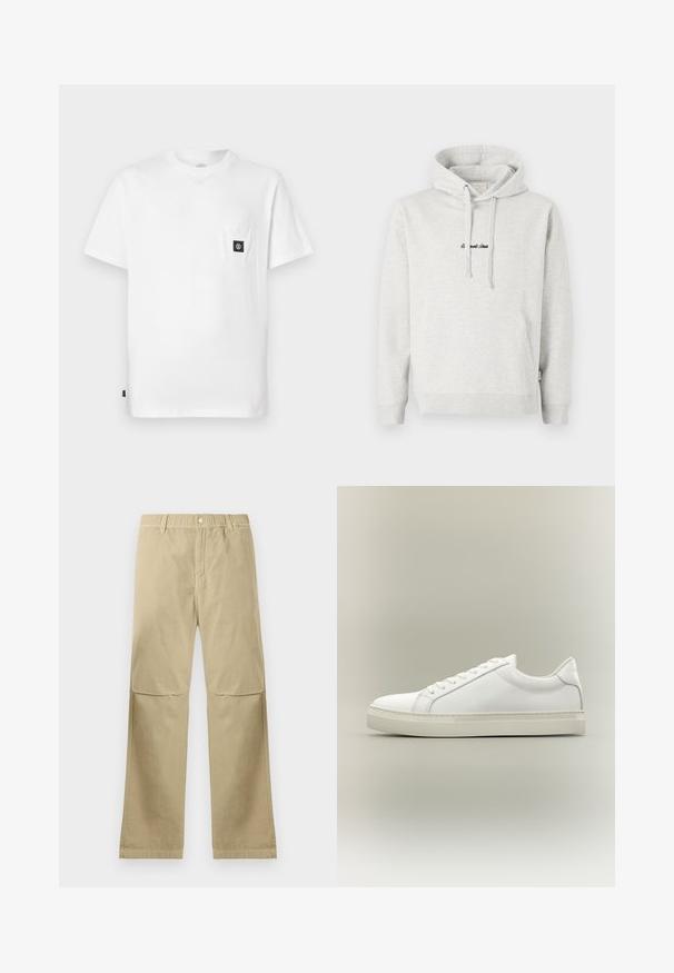 Lichtgrijze hoodie met een kangoeroezak, een capuchon met trekkoord en geborduurde tekst in het zwart aan de voorkant. Gemaakt van een katoenblend, met ribgebreide manchetten.; Witte katoenen T-shirt met een ronde hals, korte mouwen en een borstzakje met een zwarte logo-patch. Gladde textuur, losse pasvorm.; Beige rechte broek met drukknoopsluiting, riemlussen en kniestiknaden, plat gelegd op een witte achtergrond.; Witte lage sneaker met veters aan de voorkant en dikke zool, zijaanzicht tegen een neutrale achtergrond.