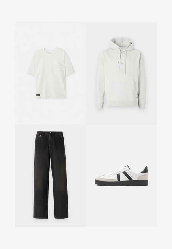 Hoodie gris clair avec une poche kangourou, capuche avec cordon de serrage et texte brodé en noir sur le devant. Tissu en mélange de coton, poignets côtelés.; T-shirt à manches courtes, vert clair, en coton. Présente une poche poitrine et un petit logo près de la poche. Texture douce, design décontracté.; Jean en denim noir avec un design à jambe droite, featuring un style à cinq poches, bouton en laiton et des variations de texture subtiles sur le tissu.; Baskets blanches avec des accents noirs et gris, présentant un embout texturé gris, une semelle en caoutchouc noir et des lacets plats blancs. Design épuré, style minimaliste.
