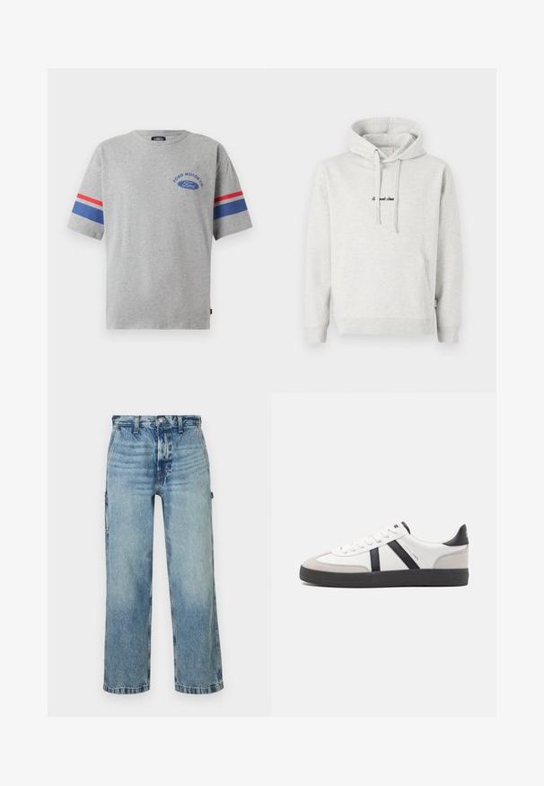 Sudadera gris claro con un bolsillo tipo canguro, capucha con cordón y texto bordado en negro en la parte delantera. Tejido de mezcla de algodón, puños acanalados.; Camiseta de algodón gris con mangas cortas, que presenta rayas azules y rojas en las mangas y el logo "Ford Motor Co" en azul en el pecho.; Jeans de mezclilla azul claro con un ajuste relajado, piernas rectas, textura desvaída y cinco bolsillos. Presenta una cinturilla con trabillas para cinturón y detalles de costura.; Zapatilla blanca con acentos en negro y gris, que presenta una puntera texturizada en gris, suela de goma negra y cordones planos blancos. Diseño limpio, estilo minimalista.