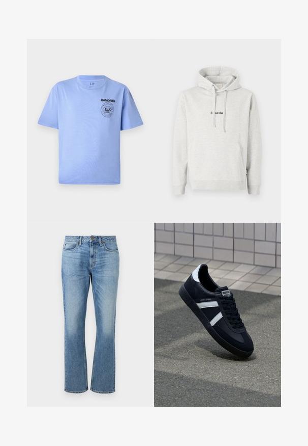 Lysegrå hættejakke med kengurulomme, snoretræk i hætten og broderet tekst i sort på fronten. Stoffet er en bomuldsblanding, ribbede manchetter.; Lys blå bomulds t-shirt med korte ærmer, rund hals og sort "Ramones" logo tryk på venstre brystområde. Glat tekstur.; Lyseblå denim jeans med et lige ben-design, der har forsænket knaplukning, fem lommer og slidte områder for tekstur.; Sort lædersneaker med hvide striber, tekstureret gummisål og snørrebånd foran. Har et brandet mærke på tungen.