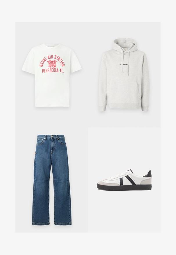 Lysegrå hættejakke med kengurulomme, snoretræk i hætten og broderet tekst i sort på fronten. Stoffet er en bomuldsblanding, ribbede manchetter.; Hvid T-shirt med korte ærmer med rød tekst "NAVAL AIR STATION PENSACOLA, FL." og et ørneemblem i midten foran.; Blå denim jeans med afslappet pasform, lige ben, synlige sømme og lukkes med en knap foran. Har en sidelomme med accent.; Hvide sneakers med sorte og grå detaljer, med en tekstureret grå tåhætte, sort gummisål og flade hvide snørebånd. Rent design, minimalistisk stil.