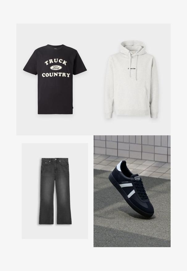 Hellgrauer Hoodie mit Kängurutasche, Kapuze mit Kordelzug und schwarzen gestickten Text auf der Vorderseite. Mischgewebe aus Baumwolle, gerippte Bündchen.; Schwarzes Baumwoll-T-Shirt mit kurzen Ärmeln, das "TRUCK COUNTRY" in cremigem Text und einem Ford-Logo-Design auf der Vorderseite zeigt.; Schwarze, ausgestellte Jeans aus Denim mit einem ausgewaschenen Finish, ausgestattet mit einem vorderen Knopfverschluss, Gürtelschlaufen und zwei Seitentaschen.; Schwarze Leder-Sneaker mit weißen Streifen, strukturiertem Gummisohle und Schnürung. Verfügt über ein Markenetikett auf der Zunge.