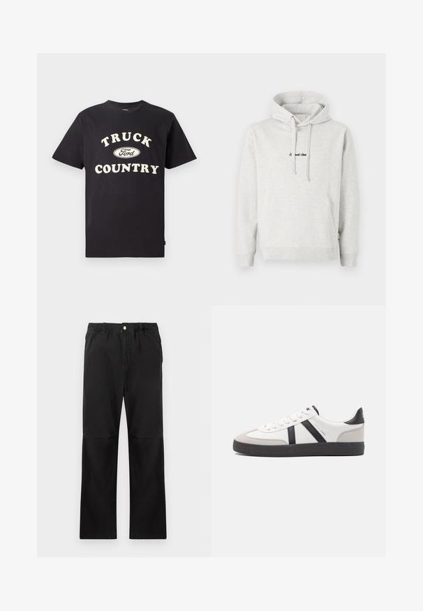 Hellgrauer Hoodie mit Kängurutasche, Kapuze mit Kordelzug und schwarzen gestickten Text auf der Vorderseite. Mischgewebe aus Baumwolle, gerippte Bündchen.; Schwarzes Baumwoll-T-Shirt mit kurzen Ärmeln, das "TRUCK COUNTRY" in cremigem Text und einem Ford-Logo-Design auf der Vorderseite zeigt.; Schwarze Baumwollhosen mit einem elastischen Bund, gerade geschnitten, mit glatter Textur und ohne sichtbare Akzente oder Muster.; Weiße Sneaker mit schwarz- und grau-aczenten, ausgestattet mit einer strukturierten grauen Zehenkappe, schwarzer Gummi-Sohle und flachen weißen Schnürsenkeln. Sauberes Design, minimalistische Stil.