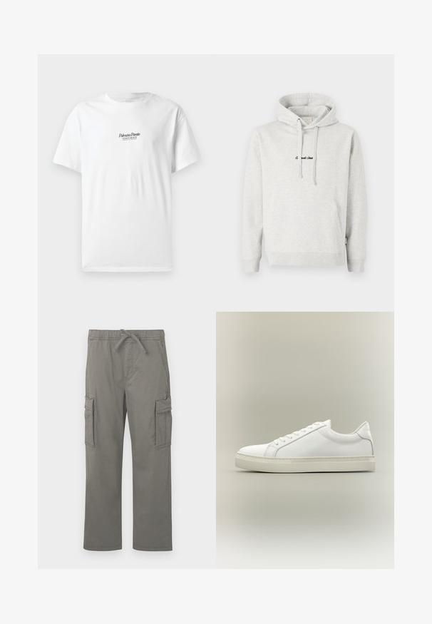 Lichtgrijze hoodie met een kangoeroezak, een capuchon met trekkoord en geborduurde tekst in het zwart aan de voorkant. Gemaakt van een katoenblend, met ribgebreide manchetten.; Witte katoenen T-shirt met korte mouwen, voorzien van de tekst "Palmiera Pantó" en "VENICE BEACH" in zwarte letters op de voorkant.; Grijze rechte cargobroek met elastische tailleband, trekkoord, zijflapzakken en voorste schuine zakken op een witte achtergrond.; Witte lage sneaker met veters aan de voorkant en dikke zool, zijaanzicht tegen een neutrale achtergrond.