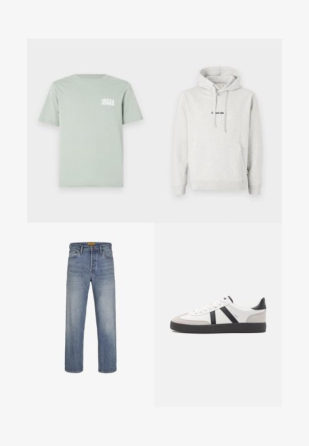Hellgrauer Hoodie mit Kängurutasche, Kapuze mit Kordelzug und schwarzen gestickten Text auf der Vorderseite. Mischgewebe aus Baumwolle, gerippte Bündchen.; Hellgrünes Baumwoll-T-Shirt mit Rundhalsausschnitt und kurzen Ärmeln. Mit einem weißen Logo "JACK & JONES", das auf der linken Brust gedruckt ist.; Himmelblaue Gerade-Jeans aus Denim mit einer gewaschenen Optik, fünf Taschen, Gürtelschlaufen und einem Reißverschluss mit Knopfverschluss.; Weiße Sneaker mit schwarz- und grau-aczenten, ausgestattet mit einer strukturierten grauen Zehenkappe, schwarzer Gummi-Sohle und flachen weißen Schnürsenkeln. Sauberes Design, minimalistische Stil.