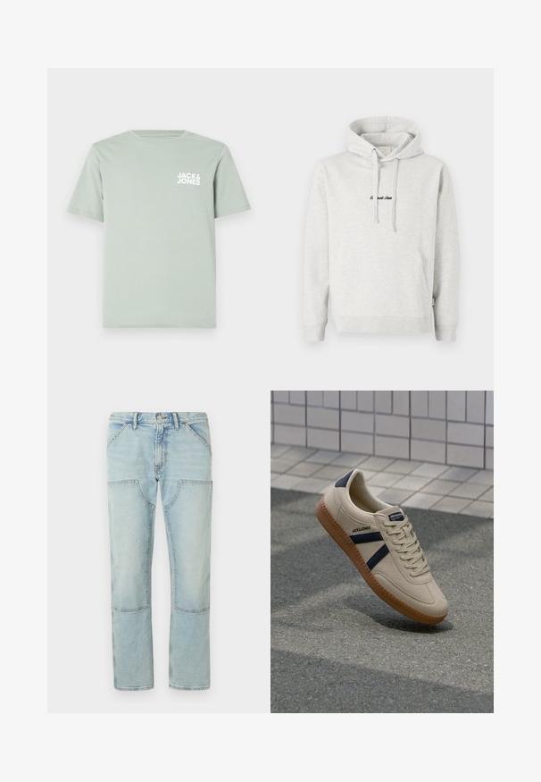 Lysegrå hættejakke med kengurulomme, snoretræk i hætten og broderet tekst i sort på fronten. Stoffet er en bomuldsblanding, ribbede manchetter.; Lys grøn t-shirt i bomuld med rund halsudskæring og korte ærmer. Har et hvidt logo "JACK & JONES" trykt på venstre bryst.; Lysblå denimjeans med lige ben, der har laplommer og en slidt finish. Knaplukning i taljen, standard bæltestropper.; Beige sneaker med struktureret overflade, marineblå striber og gummisål. Har en polstret tunge og traditionelt snørresystem for en sikker pasform.