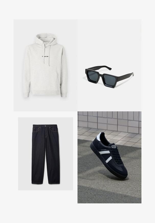 Lysegrå hættejakke med kengurulomme, snoretræk i hætten og broderet tekst i sort på fronten. Stoffet er en bomuldsblanding, ribbede manchetter.; Mørke denim jeans med lige pasform, der har en knap- og lynlås-lukning, to frontlommer og kontrastfarvet orange syning.; Sort lædersneaker med hvide striber, tekstureret gummisål og snørrebånd foran. Har et brandet mærke på tungen.; Sorte rektangulære solbriller med mørke linser. Tyk, glat plastikramme med let blank finish og lige stænger.