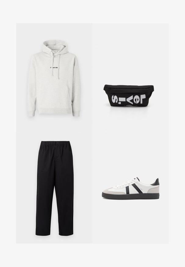 Sudadera gris claro con un bolsillo tipo canguro, capucha con cordón y texto bordado en negro en la parte delantera. Tejido de mezcla de algodón, puños acanalados.; Pantalones negros de pierna ancha con cintura elástica y un solo botón. Fabricados con una tela suave y ligera. Dobladillo recto.; Zapatilla blanca con acentos en negro y gris, que presenta una puntera texturizada en gris, suela de goma negra y cordones planos blancos. Diseño limpio, estilo minimalista.; Bolsa de tela negra con forma plana, que presenta texto blanco en negrita. El cierre de cremallera se encuentra en la parte superior, con un detalle de asa en un lado.