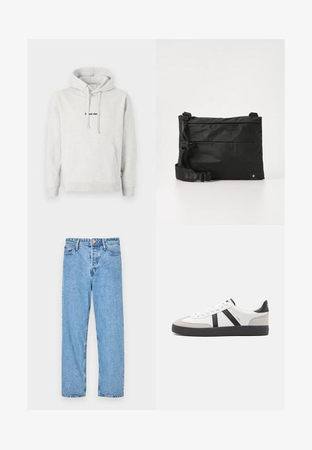 Lichtgrijze hoodie met een kangoeroezak, een capuchon met trekkoord en geborduurde tekst in het zwart aan de voorkant. Gemaakt van een katoenblend, met ribgebreide manchetten.; Lichtblauwe denim jeans met een recht model, vijf zakken, zichtbare stiksels en een knoop- en ritssluiting.; Witte sneaker met zwarte en grijze accenten, voorzien van een grijze neus met textuur, zwarte rubberen zool en platte witte veters. Schoon ontwerp, minimalistische stijl.; Zwarte nylon boodschappentas met verstelbare riem, plat ontwerp en een zijlabel met een logo. Soepele textuur en minimalistische stijl.