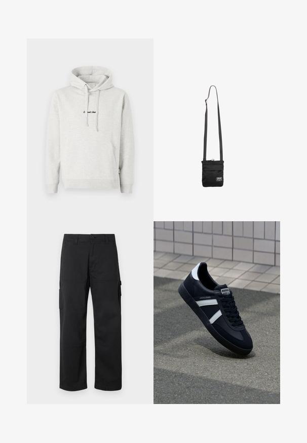 Sudadera gris claro con un bolsillo tipo canguro, capucha con cordón y texto bordado en negro en la parte delantera. Tejido de mezcla de algodón, puños acanalados.; Pantalones cargo negros con diseño de pierna recta, múltiples bolsillos laterales y cierre de botón. Fabricados con un tejido duradero y ligero.; Zapatilla de cuero negra con rayas blancas, suela de goma texturizada y parte frontal con cordones. Cuenta con una etiqueta de marca en la lengüeta.; Bolso cruzado negro con correa ajustable y pequeña etiqueta rectangular blanca con logo en la parte inferior delantera.