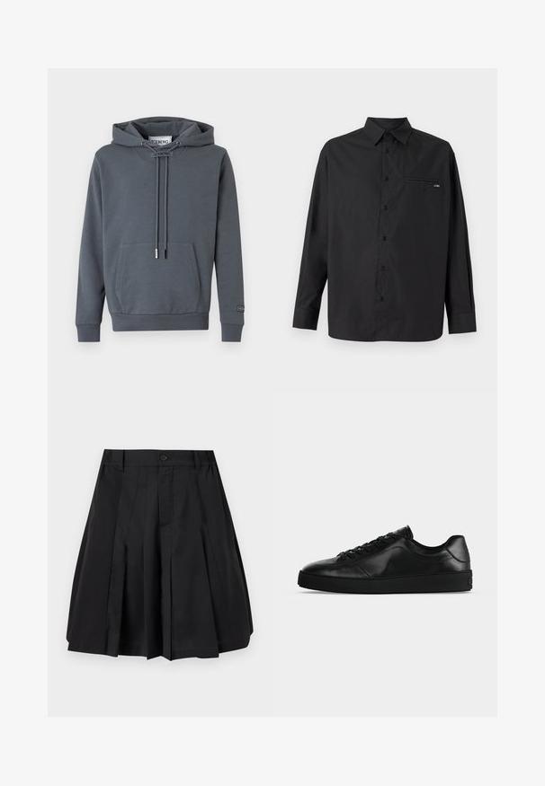 Sweat à capuche gris foncé avec poche kangourou sur le devant, cordons réglables et étiquette "ICEBERG" sur le col et la manche.; Chemise noire à manches longues en tissu lisse, avec un col, une patte de boutonnage, une poche poitrine unique et un logo discret sur la poche.; Jupe plissée noire longueur genou avec bouton sur le devant et passants de ceinture à la taille, sur fond blanc.; Sneaker noir en cuir à profil bas avec lacets sur le devant et semelle plate texturée, montré de profil sur un fond neutre.
