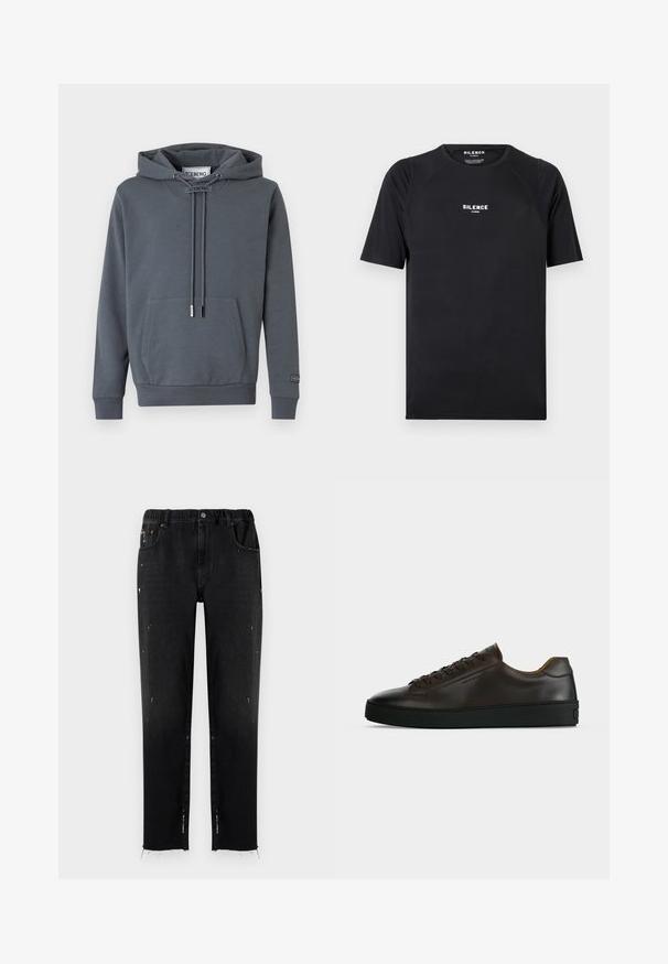 Sudadera con capucha gris oscuro con bolsillo canguro delantero, cordones ajustables y etiqueta "ICEBERG" en el cuello y el puño de la manga.; Camiseta negra de manga corta hecha de una tela suave, con cuello redondo y un logo blanco que dice "SILENCE" en el pecho.; Vaqueros negros de denim con cinturilla elástica, corte recto, detalles desgastados y dobladillo desflecado. Presenta bolsillos y cierre con botón.; Zapatilla de perfil bajo de cuero marrón oscuro con suela de goma negra, cierre de cordones y diseño liso y minimalista sobre un fondo claro.