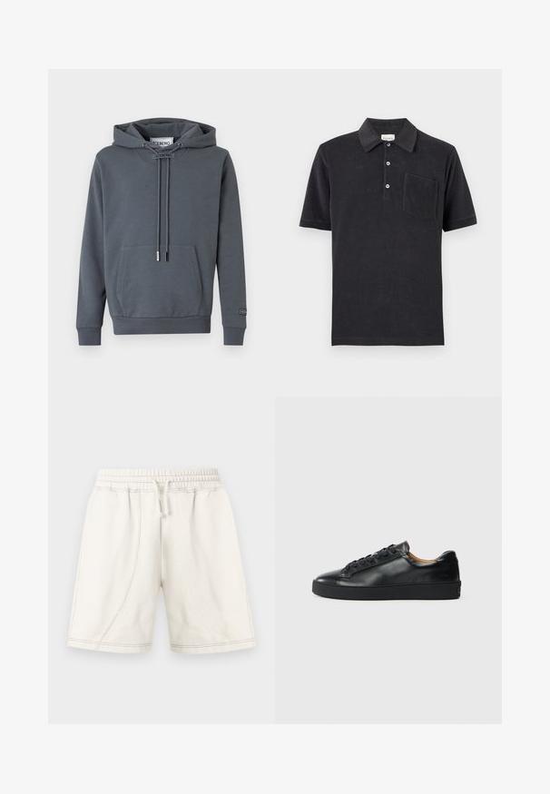 Sweat à capuche gris foncé avec poche kangourou sur le devant, cordons réglables et étiquette "ICEBERG" sur le col et la manche.; Polo noir à manches courtes avec trois boutons blancs et une poche poitrine, posé à plat sur un fond neutre.; Shorts décontractés écrus avec taille élastique, cordon de serrage et détails de coutures visibles, conçus pour le confort et le port quotidien.; Baskets en cuir noir avec une texture lisse, bout rond et fermeture à lacets. Comprend une semelle en caoutchouc épaisse et un minimum de détails de marque.