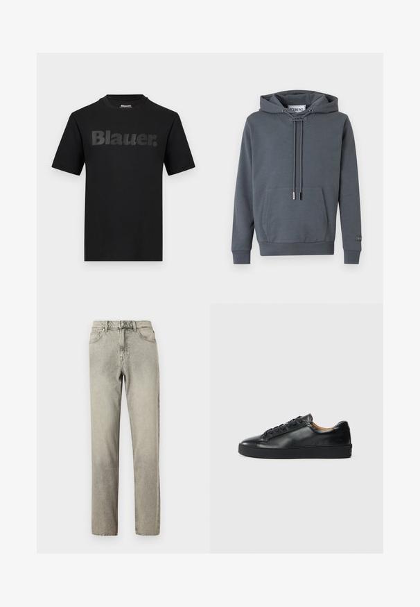 Sweat à capuche gris foncé avec poche kangourou sur le devant, cordons réglables et étiquette "ICEBERG" sur le col et la manche.; T-shirt noir à manches courtes avec l'inscription "Blauer." en grandes lettres gris foncé sur la poitrine et un col rond.; Jean en denim gris clair, coupe droite, cinq poches et fermeture à boutons. Le tissu présente une texture légèrement relevée.; Baskets en cuir noir avec une texture lisse, bout rond et fermeture à lacets. Comprend une semelle en caoutchouc épaisse et un minimum de détails de marque.