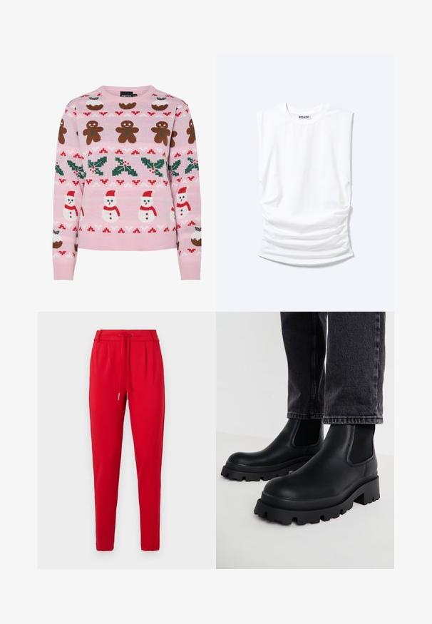Pieces Christmas PCJOLLY XMAS - Svetrík - prism pink; Biele tielko bez rukávov s okrúhlym výstrihom, vystuženými ramenami a nazberanými stranami, položené na svetlom podklade.; Červené zúžené nohavice s elastickým pásom a skladmi vpredu, vystavené na bielom pozadí.; Čierne členkové čižmy s masívnou podrážkou, vyrobené z hladkej kože, s elastickými bočnými panelmi a blokovým opätkom, skombinované s tmavými džínsami.