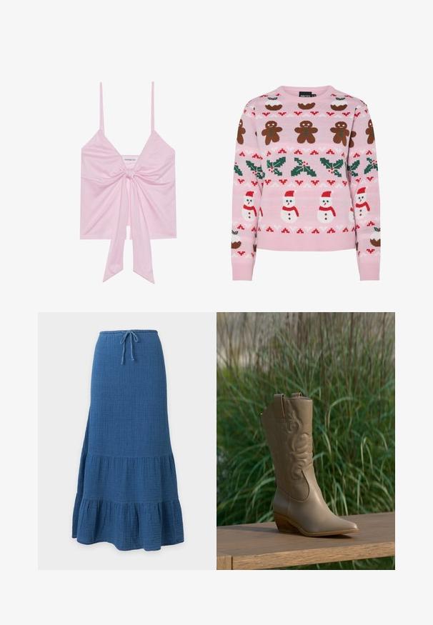 Pieces Christmas PCJOLLY XMAS - Pullover - prism pink; Top sans manches rose avec un détail de nœud à l'avant, doté de fines bretelles et d'une texture douce et lisse. Design décontracté avec une coupe légèrement ample.; Jupe longue bleue avec ourlet à volants superposés et taille à cordon en tissu texturé.; Botte de cowboy en cuir beige avec un motif brodé et un talon en bois, posée sur une surface en bois devant un fond de plante verte.