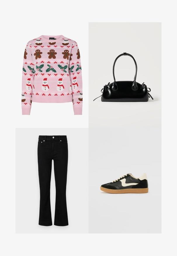 Pieces Christmas PCJOLLY XMAS - Svetrík - prism pink; Čierne denimové rozšírené džínsy s priliehavým pásom, dizajnom s piatimi vreckami a striebornými kovovými detailmi, s hladkou textúrou a štandardnou dĺžkou.; Čierne semišové a kožené tenisky s krémovým bočným prešívaním a svetlo krémovou pätou. Obsahujú béžové šnúrky a podošvu z gumeného kaučuku.; Malá čierna lesklá kabelka s dvoma dlhými rúčkami a bočnými šnúrkovými detailmi na jednoduchom svetlom pozadí.