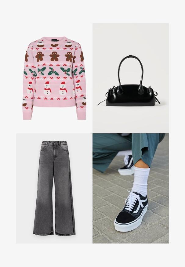 Pieces Christmas PCJOLLY XMAS - Striktrøje - prism pink; Videbenede jeans i falmet sort denim. Har høj talje, forlommer og lige snit. Struktureret stof med synlige syninger.; Sorte ruskinds sneakers med hvide accenter og snørebånd, der har en tyk hvid sål og kontrasterende syninger, parret med en hvid sok.; Lille sort blank håndtaske med to lange håndtag og snøre-detaljer i siden på en ensfarvet lys baggrund.