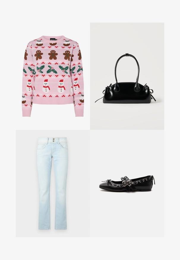 Pieces Christmas PCJOLLY XMAS - Trui - prism pink; Lichtblauwe flared jeans, gemaakt van denim, beschikken over een twee-knops sluiting, vijf zakken en subtiele vervaagde details door de stof heen.; Zwarte platte balletschoen met dubbele gespsluitingen, zilveren oogjes en een klein strikje nabij de afgeronde neus op een witte achtergrond.; Kleine zwarte glanzende handtas met twee lange hengsels en zijkant trekkoord details op een effen lichte achtergrond.