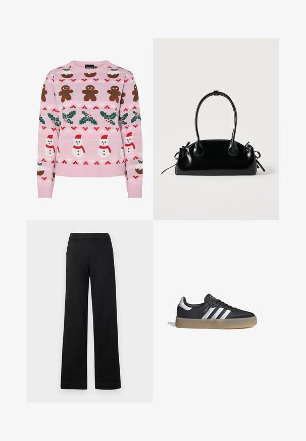 Pieces Christmas PCJOLLY XMAS - Jersey de punto - prism pink; Pantalones de pierna ancha negros con cintura alta, detalles de botones en los laterales y una textura de denim suave con un acabado limpio.; Zapatilla deportiva de cuero negro con tres rayas plateadas, punta texturizada y suela de goma. Cuenta con un collar acolchado y un diseño con cordones.; Pequeño bolso negro brillante con dos asas largas y detalles de cordón lateral sobre un fondo claro liso.